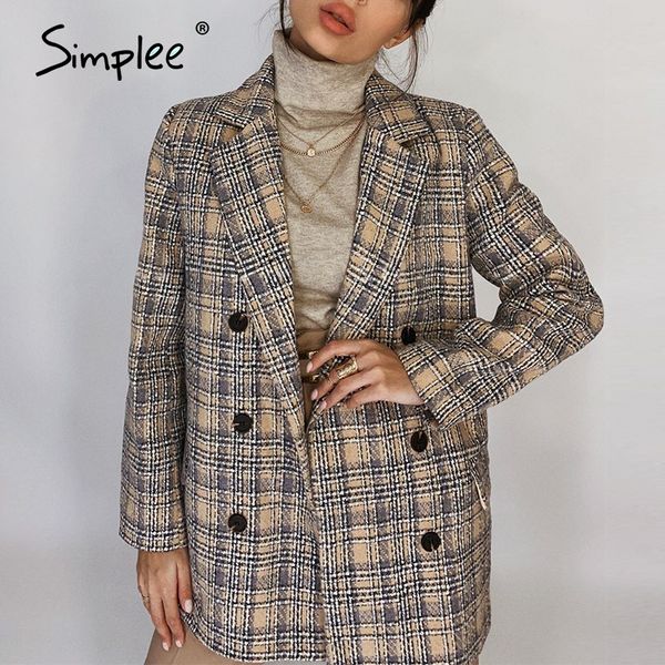 Simplee Elegant autumn winter plaid women blazer coat Causal long sleeve tweed coat short Office ladies pocket women suit blazer LJ200907