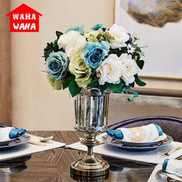 European Classical Transparent Metal Bottom Goblet Glass Vase of Flower Holder Home Furnishing Wedding Decoration Hydroponics LJ201208