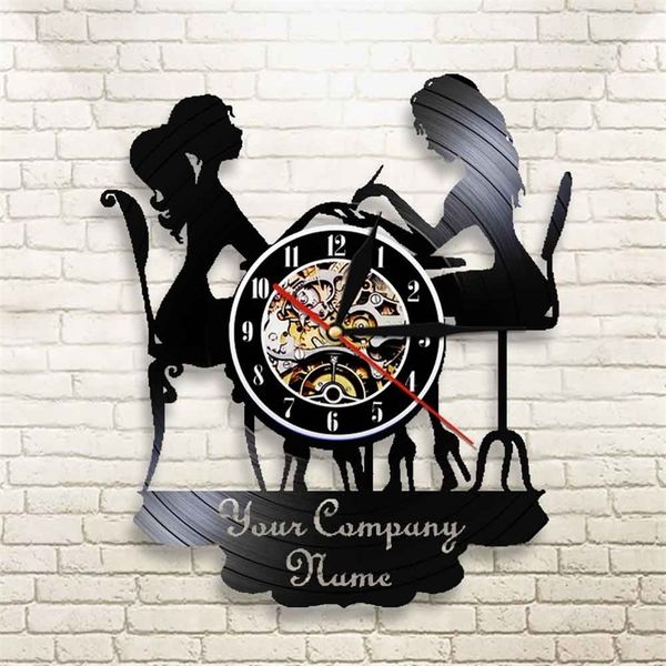 Customized Wall Watch Salon reloj pared With Your Company Name duvar saati Vinyl Record Black Wall Clock Beauty Shop Decor LJ201208