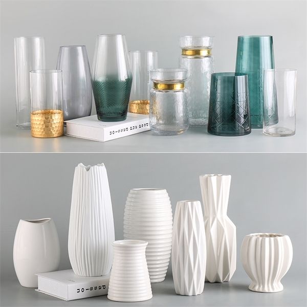 Tabletop Vases for Flowers Ceramic Terrarium Glass Containers Modern Nordic Tall Flower Vase Home Decoration White Vase LJ201210