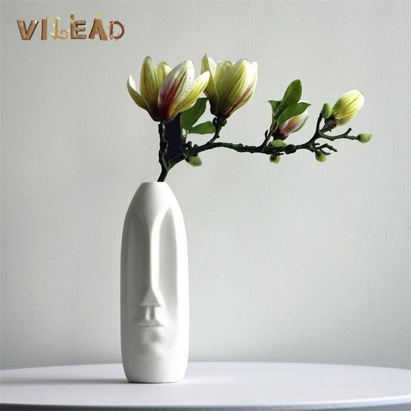 VILEAD Ceramic Face Flower Vase Figurines Modern White Head-Shaped Living Room Desk Decor Flower Pot Vases for Interior Decor LJ201209