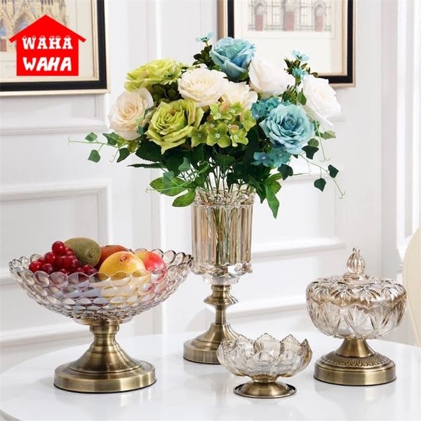 European Retro Glass Vase Metal Alloy Gold Vase Modern Table Artificial Flower Bottle Home Furnishing living room decoration LJ201209