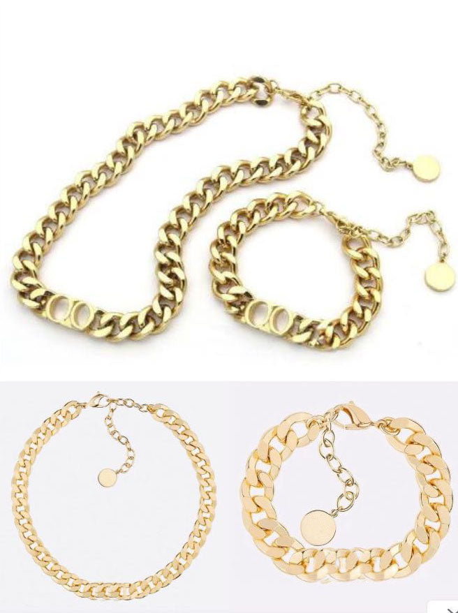 Fashion stainless steel letter 14k gold cuban link chain necklace choker bracelet for mens and women lovers gift hip hop jewelry With BOX