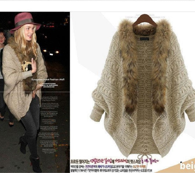 Winter thick Womens fashion Sweater Shawls Beige Wraps Bat Sleeve Knit Cardigan Fur Shawl Collar wool warm Poncho Cape Coat swearter white spring at