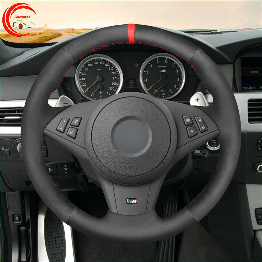 Hand-Stitch Black Leather Red Marker Steering Wheel Cover For BMW M5 E60 E61 M6