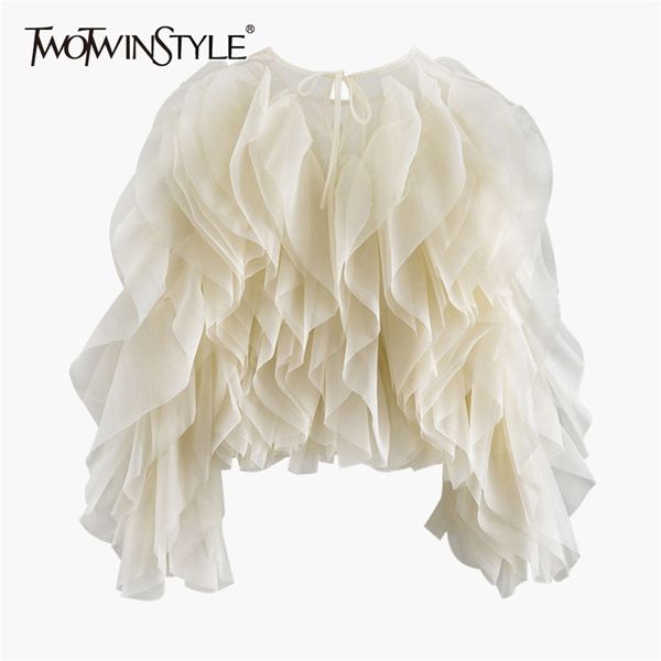 TWOTWINSTYLE Elegant Patchwork Ruffles Chiffon Blouses Women O Neck Lantern Long Sleeve Loose Shirt Female Clothing Fashion Tide LJ200812