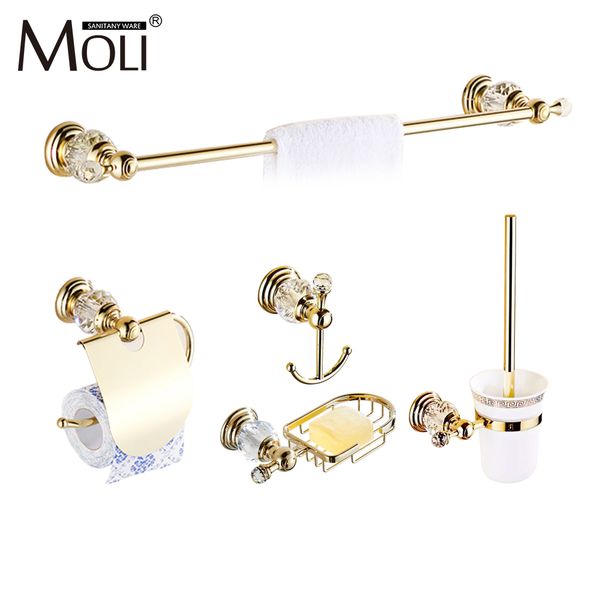 Gold Finish Crystal Decoration Metal Bathroom Accessories Set Robe Hook Cup Brush Holder Towel Holders Soap Dish Paper Rack ML70 LJ201211