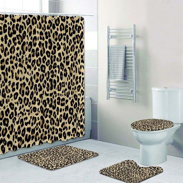 Hot 4PCS Set Leopard Shower Curtain for Bathroom Bath Mat Rug Carpet for Toilet Lid Cover Wildlife Print Bathtub Home Decor Gift 201030
