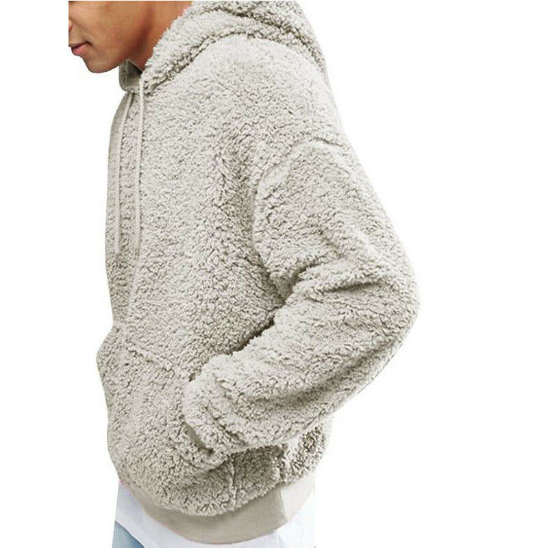 Men Fluffy Hoodie Pullover Fleece Sweatshirt Casual Hooded Solid Coat Jumper With Big Pocket Fashion Warm Autumn Winter Coat