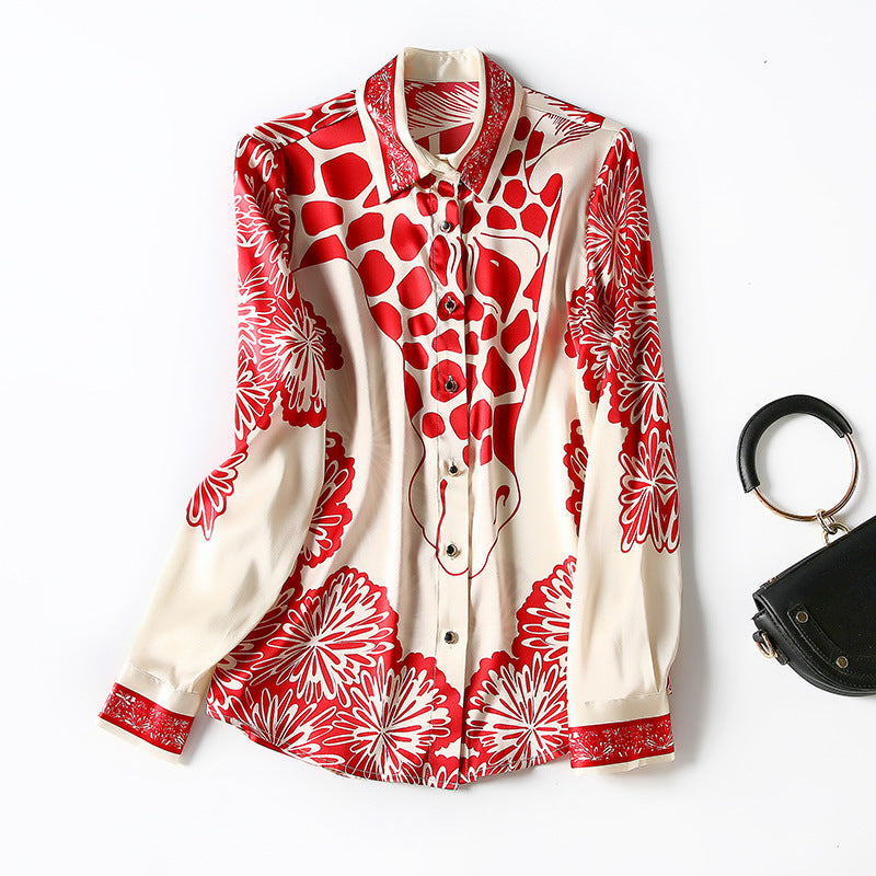 2021 Spring Long Sleeve Lapel Neck Black - Red Floral Print Natural Silk Single-Breasted Soie Blouse Elegant Casual Shirt Shirts WJ12280