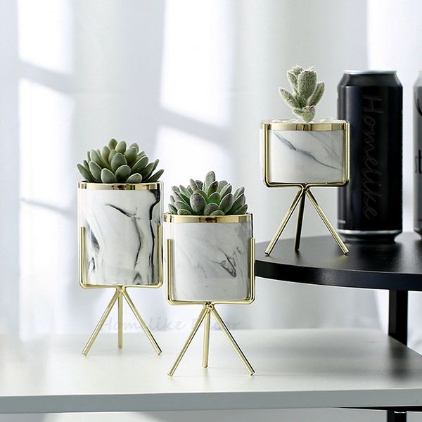 Set of 3pcs Marbling White Ceramic Flower Pots with Iron Stand Desktop Planters Home Garden Decoration with Gold Detailing Y200723
