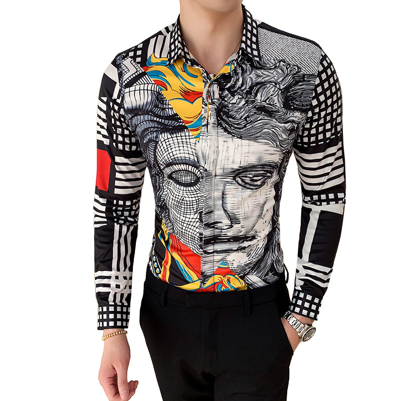 6XL 19 Colour Fashion Boutique Print Casual Slim Fit Mens Shirts Long-sleeved Shirt - High-end Social Socials Men Club Prom