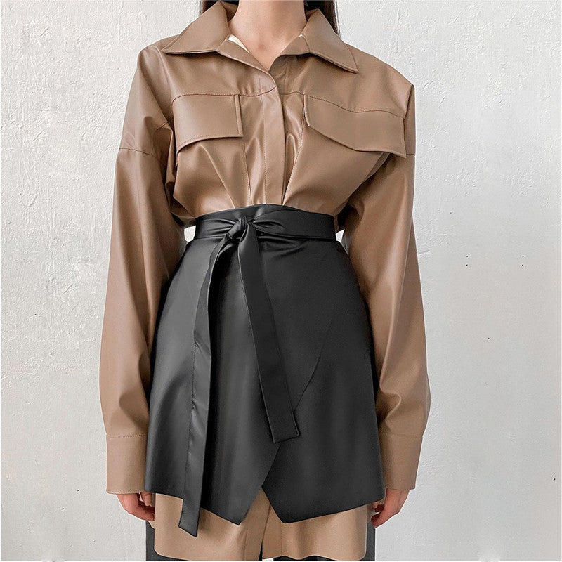 PU Women&#039;s Skirts With Belt Faux Leather Bodycon Skirts Fashion High Waist Female Spring Summer Office Fashion Ladies Mini Skirt 5J3J