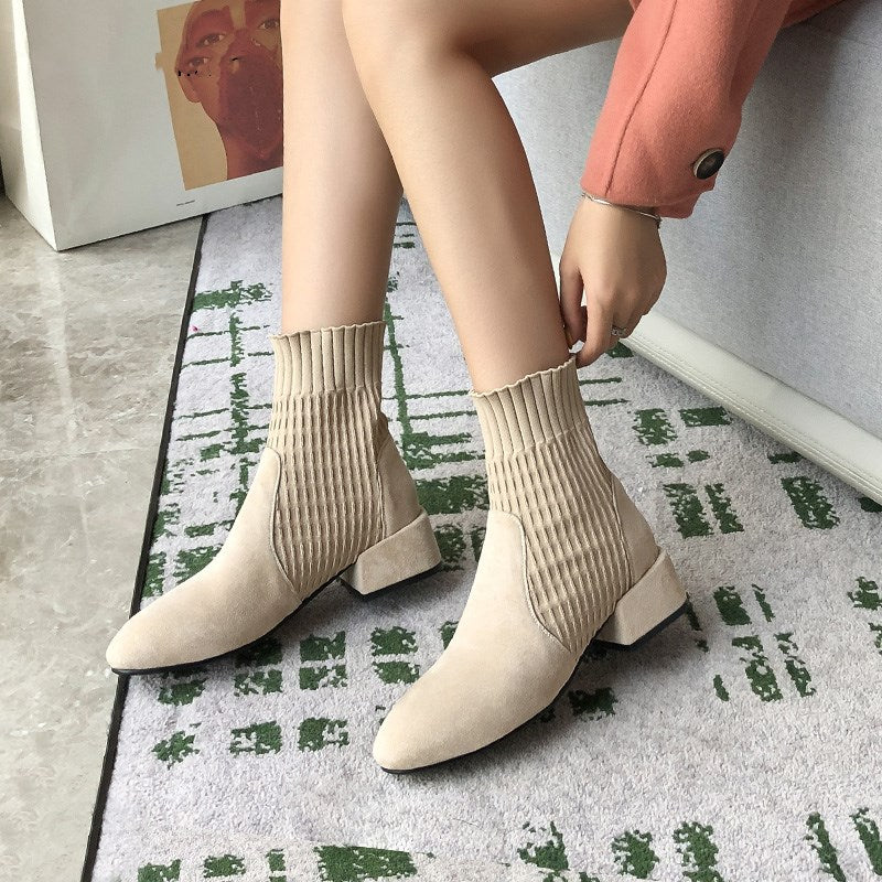 Stretch Suede Design Women Ankle Boots Chunky Heels Soft Flock Stretchy Cotton Knitting Comfortable Winter Booties Plus Size Ladies Shoes