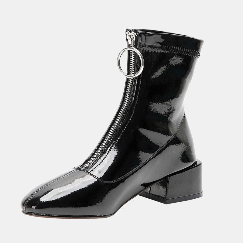 2021 Patent Leather Soft Ankle Boots Winter Warm Short Plush Lining Plus Size Shining Chunky Heels Office Party Shoes