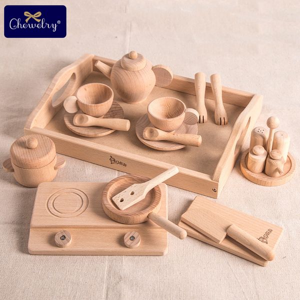 Wooden Kitchen Toys Beech Tea Pots Set Pretend Play Baby Toys For Kids Gift Wooden Cutlery Wooden Toddler Kitchen Kids Products LJ201009