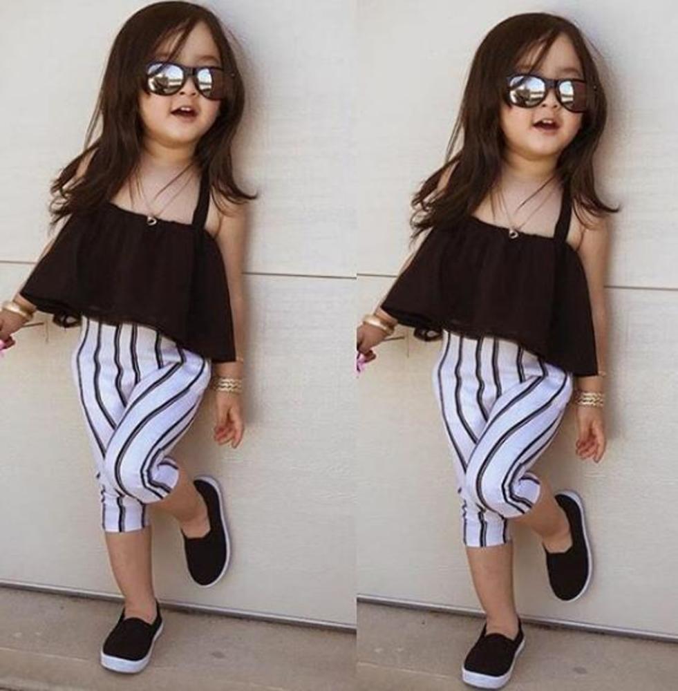 Summer Girls 1-6Y Cute Clothing Kid Strap Tops+Striped Pants Leggings 2pcs Outfits Kids Fashion Clothes Toddler Girl Clothes