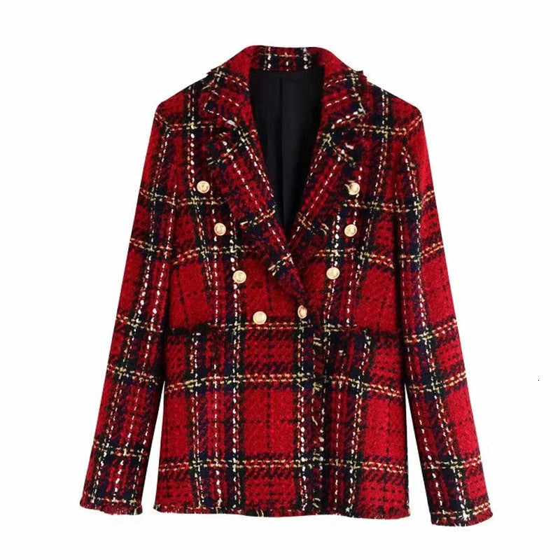 New Women Red Double Breasted Plaid Tweed Blazer Woman Winter 2021 Vintage Long Sleeve Office Elegant Female Jacket 06r2