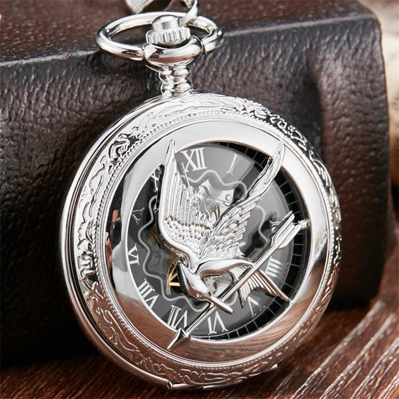 Retro Vintage Hollow The Hunger Games Mockingjay Mockingbird Quartz Pocket Watch Necklace Chain Fashion Silver relogio de bolso T200502