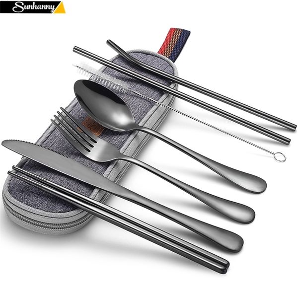 Dinnerware Set Camping Cutlery Set Travel Silverware Reusable Utensils with Metal Straw Spoon Fork Chopsticks and Portable Case 201128