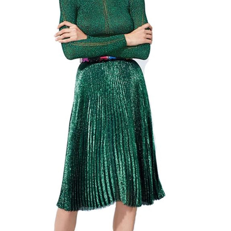 2021 New Autumn Winter Green Bling Sequined Women Vintage High Waist Skirts Womens Elegant Midi Pleated Skirt Pnfl