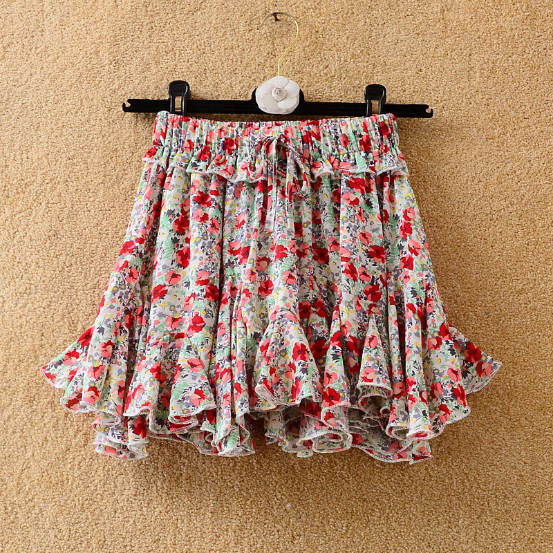 2021 New Elastic Waist Floral Print Womens Summer Lotus Leaf Pleated Bohemian Mini Skirt Female Vintage Chiffon Short Skirts I45j