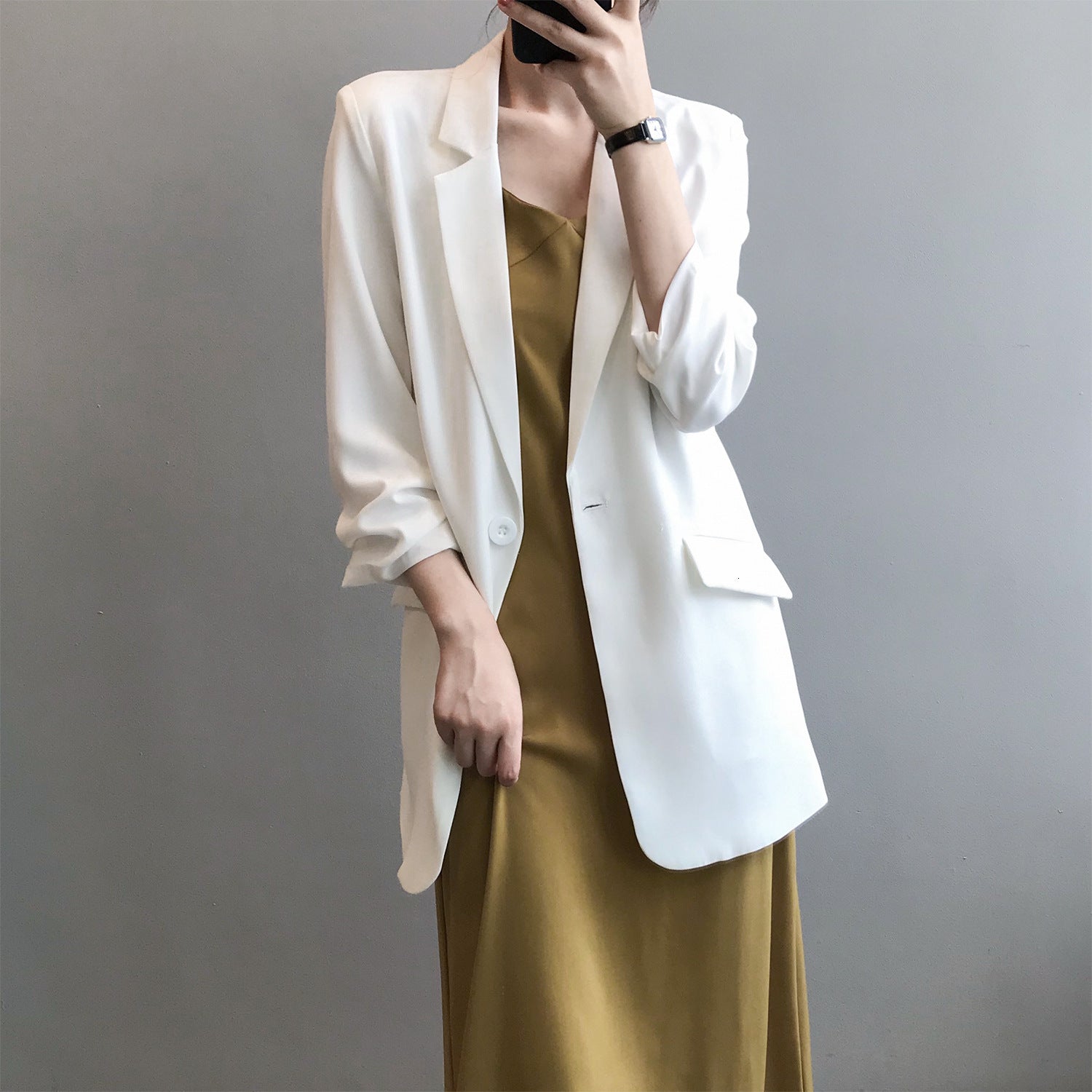 New 2021 Casual Women Jacket Turn Down Collar Pure Spring Long Office Chiffon Blazer Women&#039;s Coat 8vfi