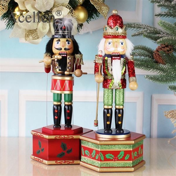 38cm Wooden Nutcracker Nutcracker Doll Puppet Music Box for Home Christmas Decoration Figurines Ornaments Gifts Y201020