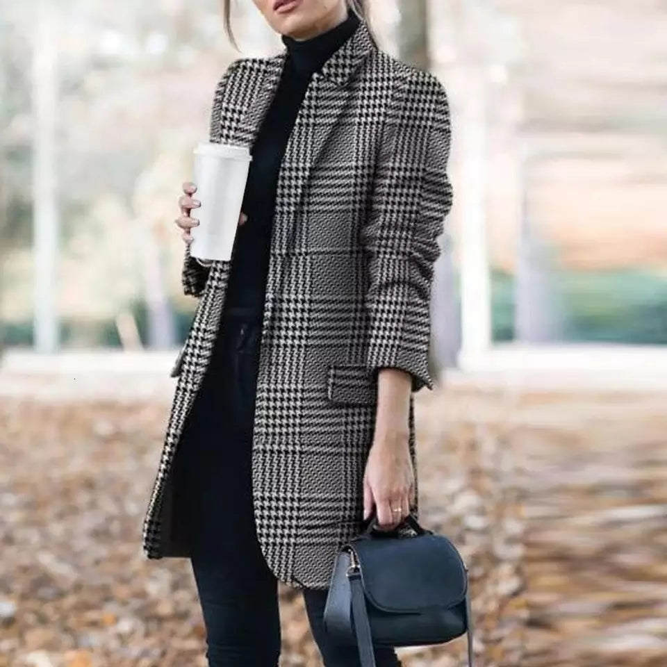 2021 New Autumn Winter Women Plaid Coat Ladies Oversize Office Overcoats Outwear Femme Vintage Long Sleeve Black Jackets 1tsw