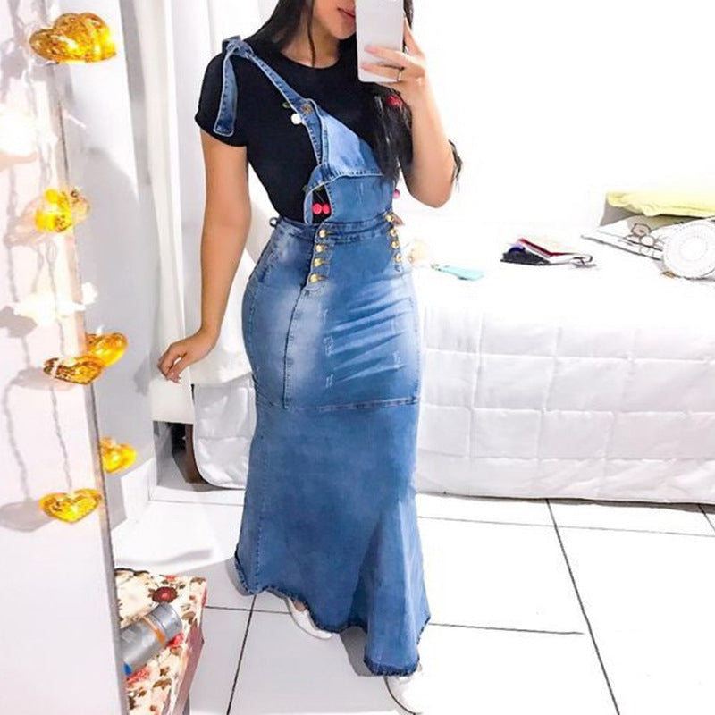 Women&#039;s Casual Dresses Denim Suspender Long Skirts Black Fashion Slim Wrap Hip Female Skirt Summer High Waist Mermaid Clothes Ladies