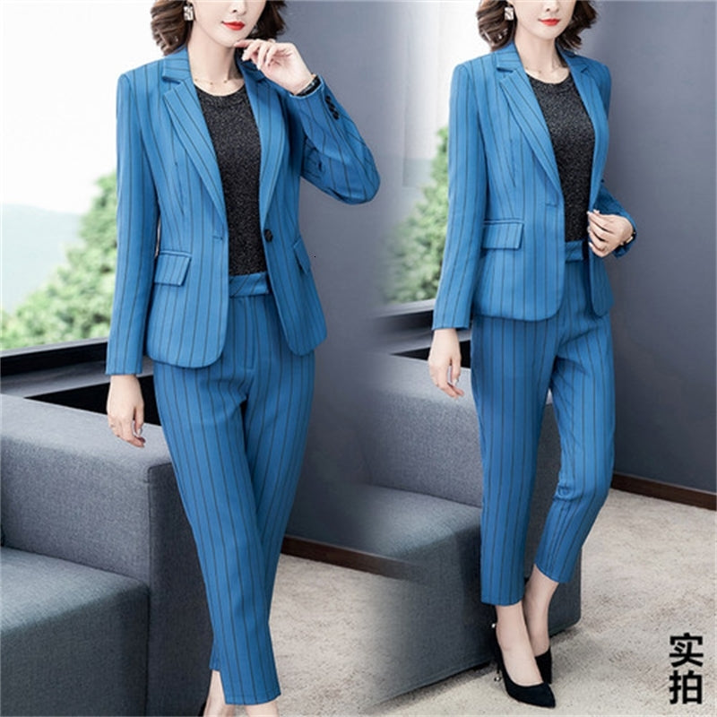 Professional 2-piece Women Striped Luxury Woman&#039;s Ladies of the Office Two Pieces Jacket Clothing Woman Suit Pants 4gag