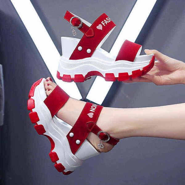 women's sandals, thick high heels, with wedge and fish tip, red summer sandals, 2022