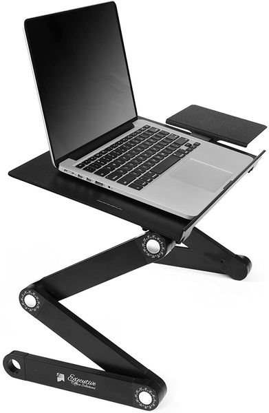 Portable Adjustable Aluminum Laptop Desk-Stand-Table Vented w-CPU Fans Mouse Pad Side Mount-Notebook-MacBook-Light Weight Ergonomic TV -Blac