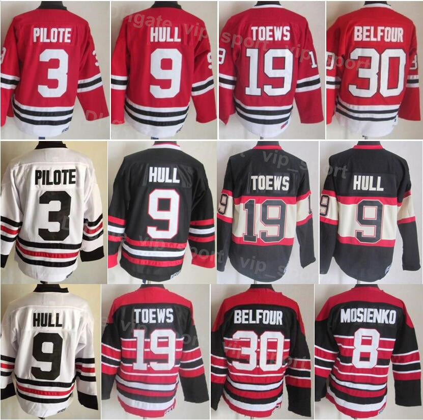 Men Ice Hockey Vintage Retro 9 Bobby Hull Jerseys 30 Ed Belfour 3 Pierre Pilote 8 Bill Mosienko 10 Patrick Sharp 19 Jonathan Toews All Stitched Blac