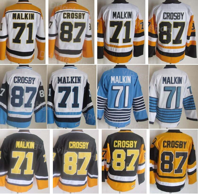 Men Ice Hockey Vintage Retro 71 Evgeni Malkin Jersey 87 Sidney Crosby Embroidery And Sewing Home Black White Blue Yellow Away For Sport Fans Good Qu