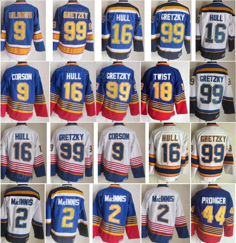 Men Vintage Hockey Retro 9 Doug Gilmour Jerseys 18 Tony Twist 16 Brett Hull 99 Wayne Gretzky 2 Al Macinnis 44 Chris Pronger 7 Joe Mullen Stitched Bl