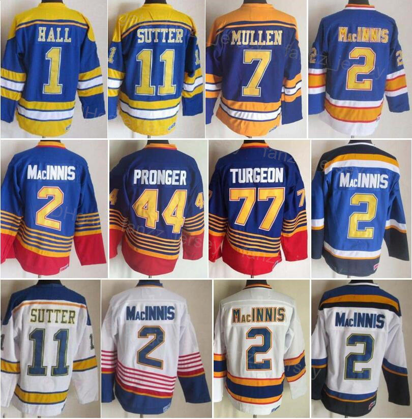Men Vintage Ice Hockey Retro 1 Glenn Hall Jersey 7 Joe Mullen 11 Brian Sutter 44 Chris Pronger 77 Pierre Turgeon 2 Al Macinnis Stitched Home Blue Wh