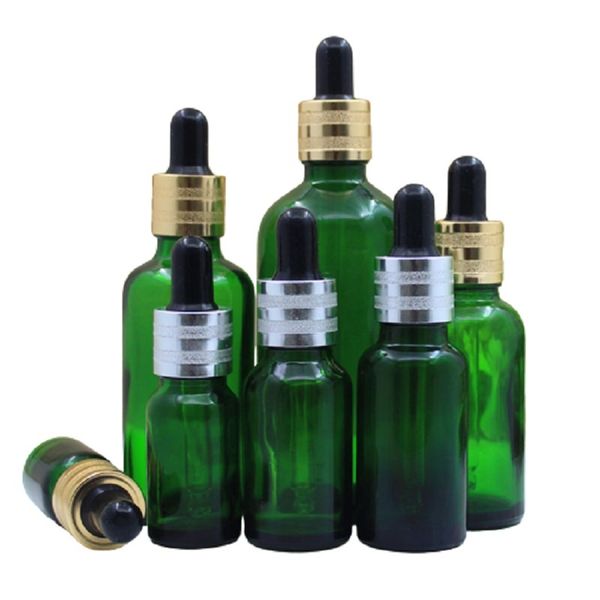 Refill Bottle Empty Green Glass Sand Gold Silver Ring Black Rubber Top Cosmetic Packaging Perfume Essential Oil Pipette Vials 5ML 10ML15ML 2
