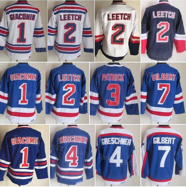 Men Retro Ice Hockey Vintage 4 Ron Greschner Jerseys 7 Rod Gilbert 2 Brian Leetch 1 Eddie Giacomin 3 James Patrick 75th Anniversary Blue Whi
