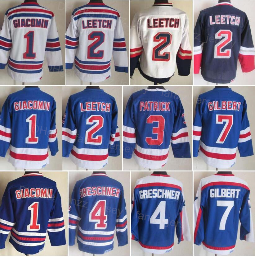 Men Retro Ice Hockey Vintage 4 Ron Greschner Jerseys 7 Rod Gilbert 2 Brian Leetch 1 Eddie Giacomin 3 James Patrick 75th Anniversary Blue White All S