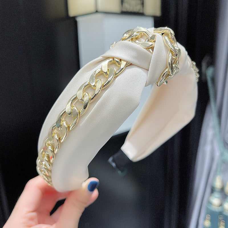 2022 New Fashion Satin Candy Color Knot Broadside Headband With Chain Hair Band Hoop Hair Accessories For Girl Women