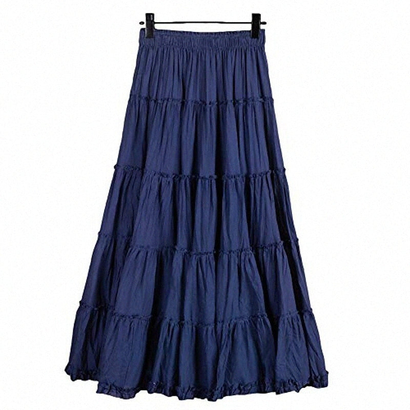 women&#039;s bohemian elastic waist long skirt cotton circle ruffle broomstick peasant maxi tiered skirts blue v3EW#
