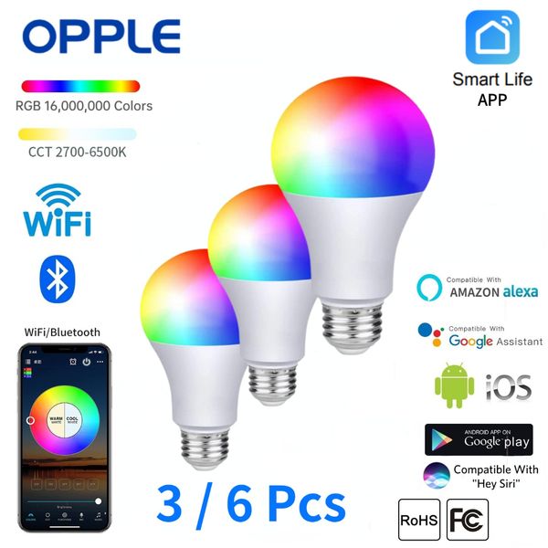 OPPLE RGB Bulbs 3 6 Pcs E26 Wifi 9W RGB Bulbs Bluetooth Lamp America Voltage Smart Home Alexa Voice IOS Android Dimmable Alice Google Siri L