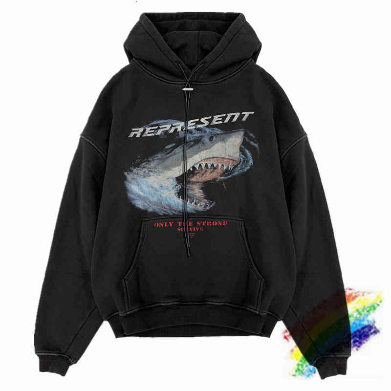 Shark Printing Represent Lessons Vintage Hoodie Men Women 1:1 Best Quality Washed Do Old Retro Pullovers Sweatshirts 0drs