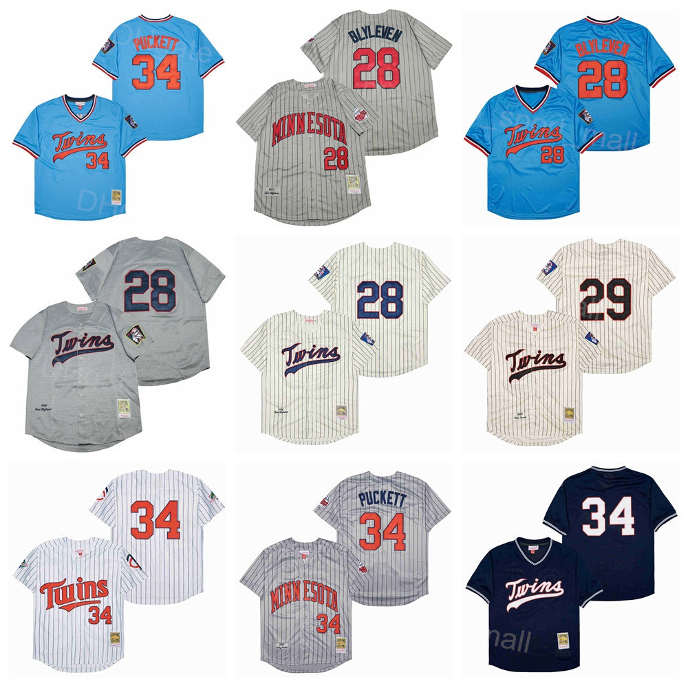 1987 1991 Retro Baseball Vintage 28 Bert Blyleven Jersey 29 Rod Carew 34 Kirby Puckett Pinstripe White Blue Grey Beige Team All Stitched Pullover 19