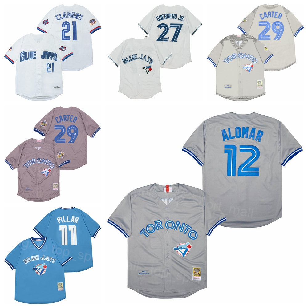 Vintage 1992 1997 Retro Baseball 29 Joe Carter Jersey 21 Roger Clemens 27 Vladimir Guerrero Jr 11 Kevin Pillar 12 Roberto Alomar Blue White Grey Coo