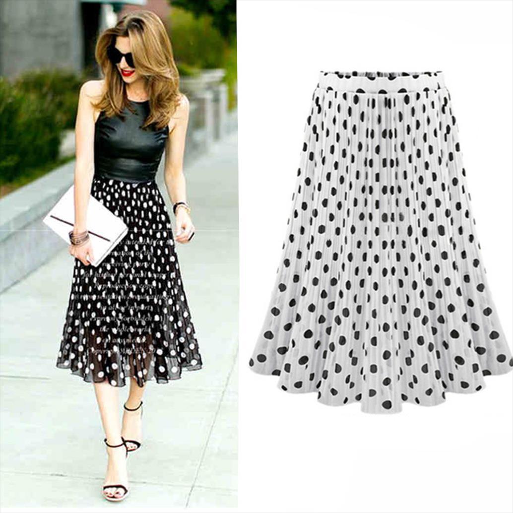 2020 Vintage Skirts Mujer Womens Polka Dot Pleated High Waist Femme Midi Skirt Flared Skater Swing Holiday