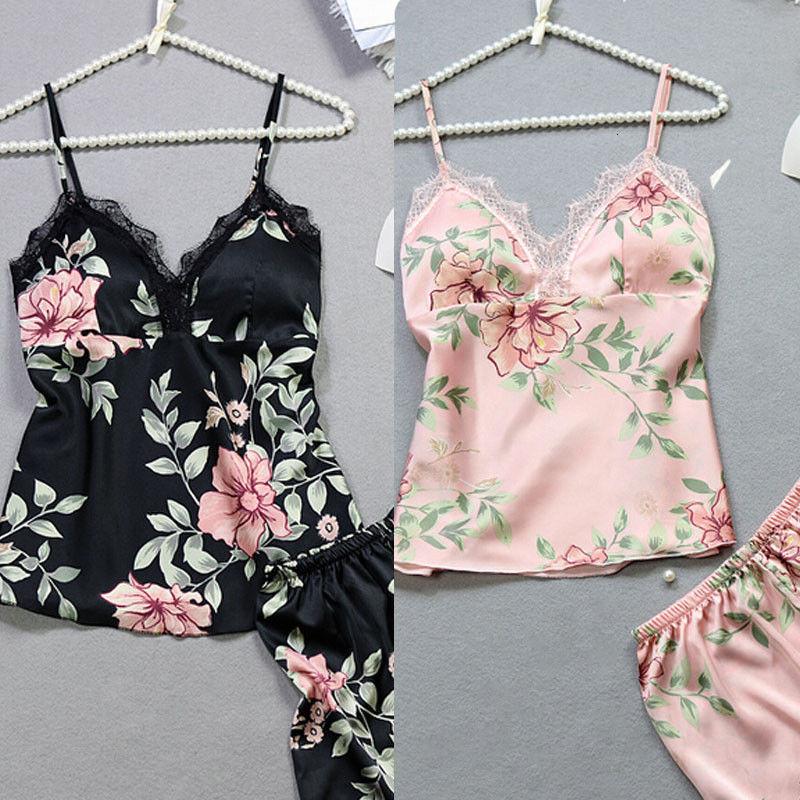 Silk Sleeveless Satin Women V Neck Tops Floral Print Shorts Casual Loose Sleepwear Pajamas Set Regular Size Summer Clothes