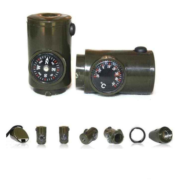 Outdoor climbing life-saving whistle backpacking whistle 7 in 1 multi-function led flashlight compass thermometer magnifying mirror signal