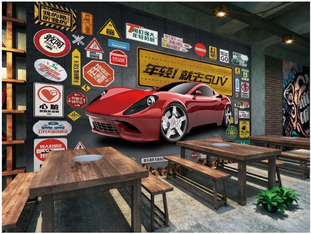custom photo mural 3d wallpaper Retro red sports car license plate road sign room home decor 3d wall muals wall paper for walls 3 d in rolls